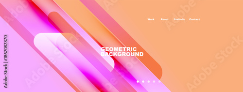 Abstract geometric shapes overlap orange backdrop. Text displays work, about, portfolio, contact. Dots indicate further slides or sections.