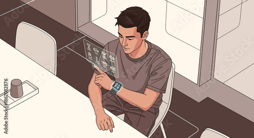 Conceptual Illustration of Future Technology: Man Interacting with Holographic Interface at Dining