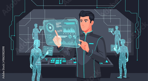 Conceptual representation of future technology: A man interacting with holographic interfaces in a