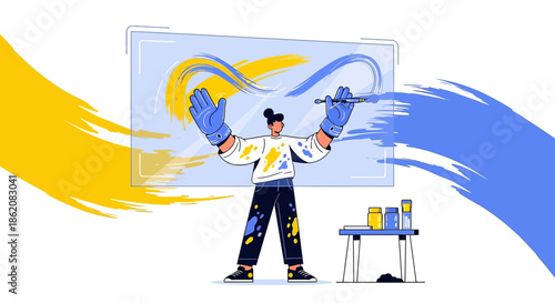 Creative artistic painter using a brush for painting picture on the transparent canvas