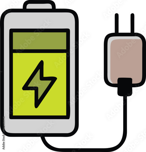 Cute Hand-Drawn Power Bank Charging Illustration - Portable Battery Charger with Lightning Bolt and Plug Cable Doodle Vector PNG Transparent Background