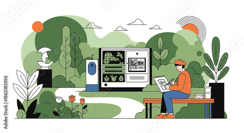 Creative artist sketching outdoors in a park setting with modern vending machine background