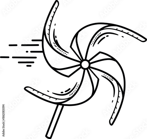 Whimsical Black and White Pinwheel Illustration with Motion Lines for Children's or Party Decorations