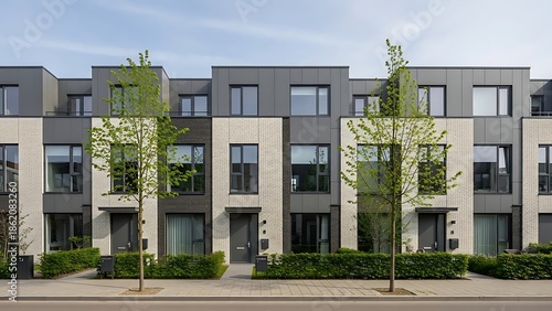 Modern townhouse residential buildings with clean geometric design, neutral colors, and urban landscaping, representing contemporary architecture and comfortable city living.