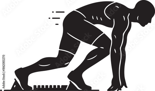 Runner starting position silhouette, white backgroun