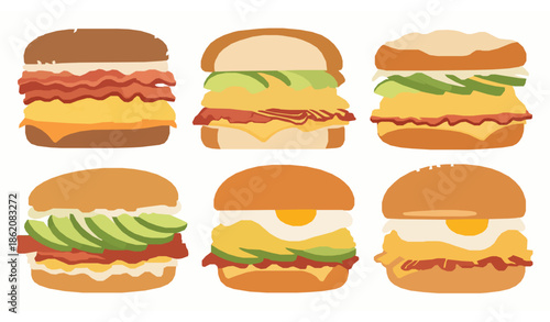 Breakfast sandwiches with scrambled egg avocado and bacon top view vector set