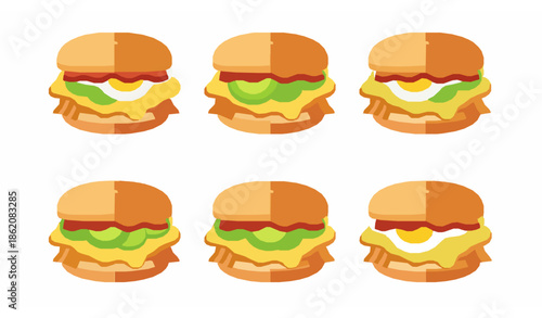 Flat breakfast sandwich top view vector collection with egg avocado and bacon