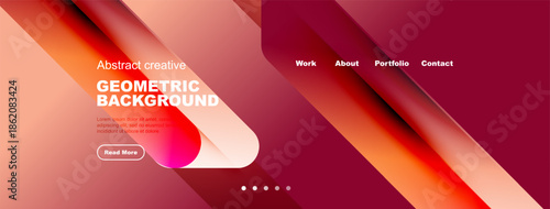 Abstract geometric background design. Red, orange hues dominate, with text elements, navigation options present. Modern aesthetic.