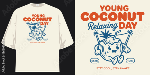 young coconut relaxing day summer beach chill vibes tropical vacation vintage graphic tee t shirt design vector illustration artwork
