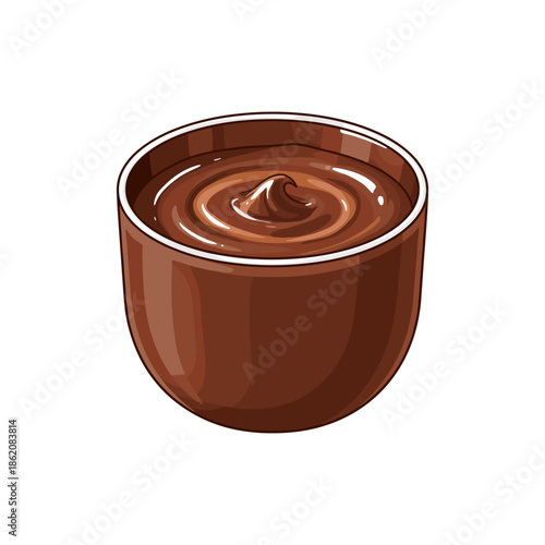 Hand-drawn vector illustration of swirling melted chocolate sauce or dip in a brown bowl.