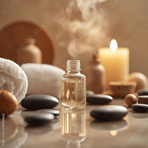 Aromatherapy massage setup with essential oil, hot stones, rolled towel, and a lit candle, creating a serene spa ambiance.
