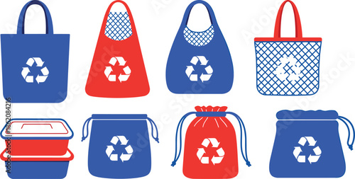Reusable bags and containers with recycling symbols in blue and red for eco-friendly storage and sustainability visuals.