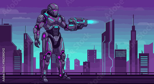 Cyberpunk warrior standing guard in a futuristic neon cityscape ready for action