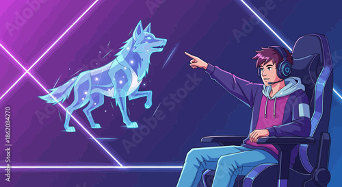 Cyberpunk gamer interacting with a spectral wolf avatar in a vibrant virtual environment gaming