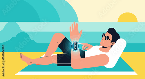 Digital connectivity at the beach a relaxed character interacts with technology enjoying summer