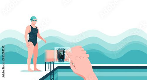 Digital integration: swimmer using smartwatch by the pool for tracking performance and health
