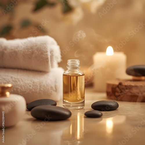 Aromatherapy massage oil bottle with hot stones and towels, creating a serene spa atmosphere.