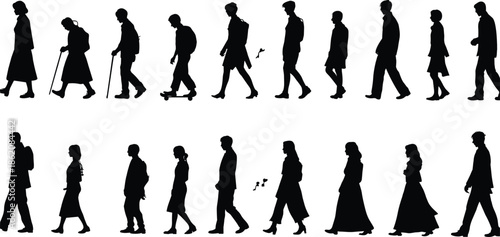 Human aging silhouettes vector set showing life stages from child to senior, walking people evolution black social illustration collection