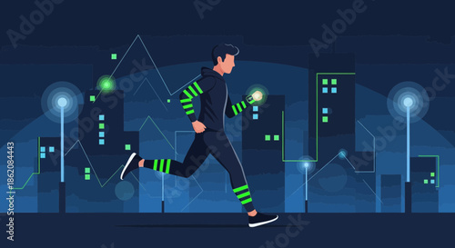 Dynamic vector illustration depicting a man running in a futuristic city at night highlighting