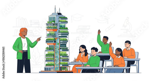 Educating on sustainable urban agriculture in front of eco friendly building model