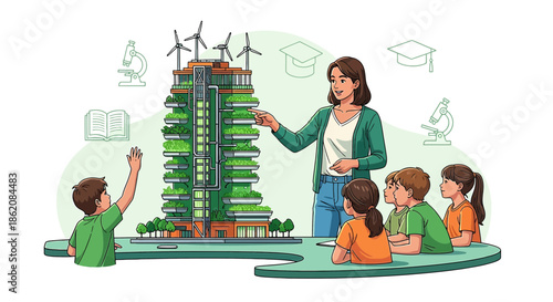 Educational illustration of a teacher and students learning about sustainable urban agriculture
