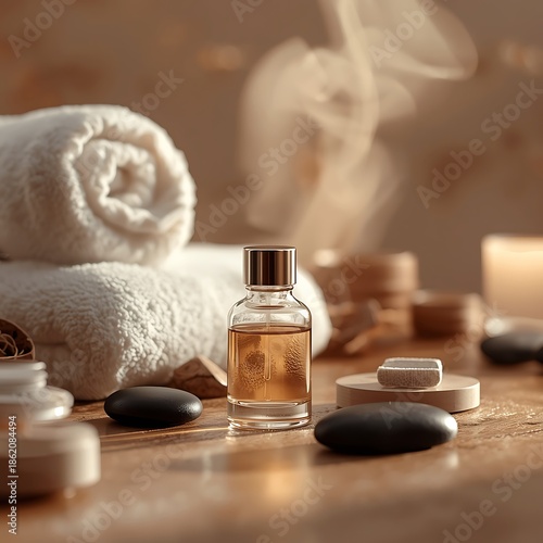 A serene spa setting with rolled towels, essential oil, and smooth stones, bathed in warm, soft light.