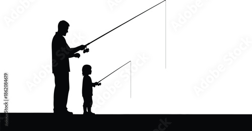 Silhouette of a man and a boy fishing together outdoors