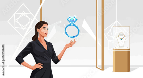 Elegant woman presenting a shimmering diamond ring in a modern jewelry store setting