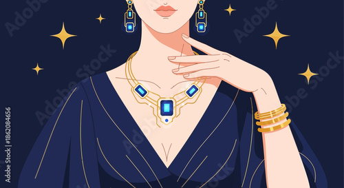 Elegant woman showcasing jewelry set with blue gemstones in a minimalistic fashion style