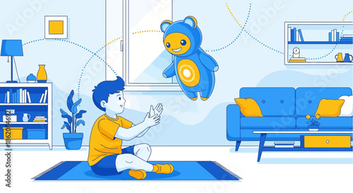 Enchanting living room scene: A young boy interacts with a playful floating cartoon bear