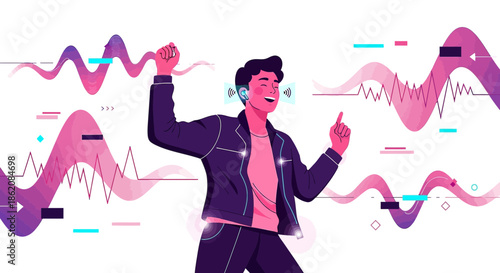 Energetic man listens to music with wireless earphones and dancing to the rhythm
