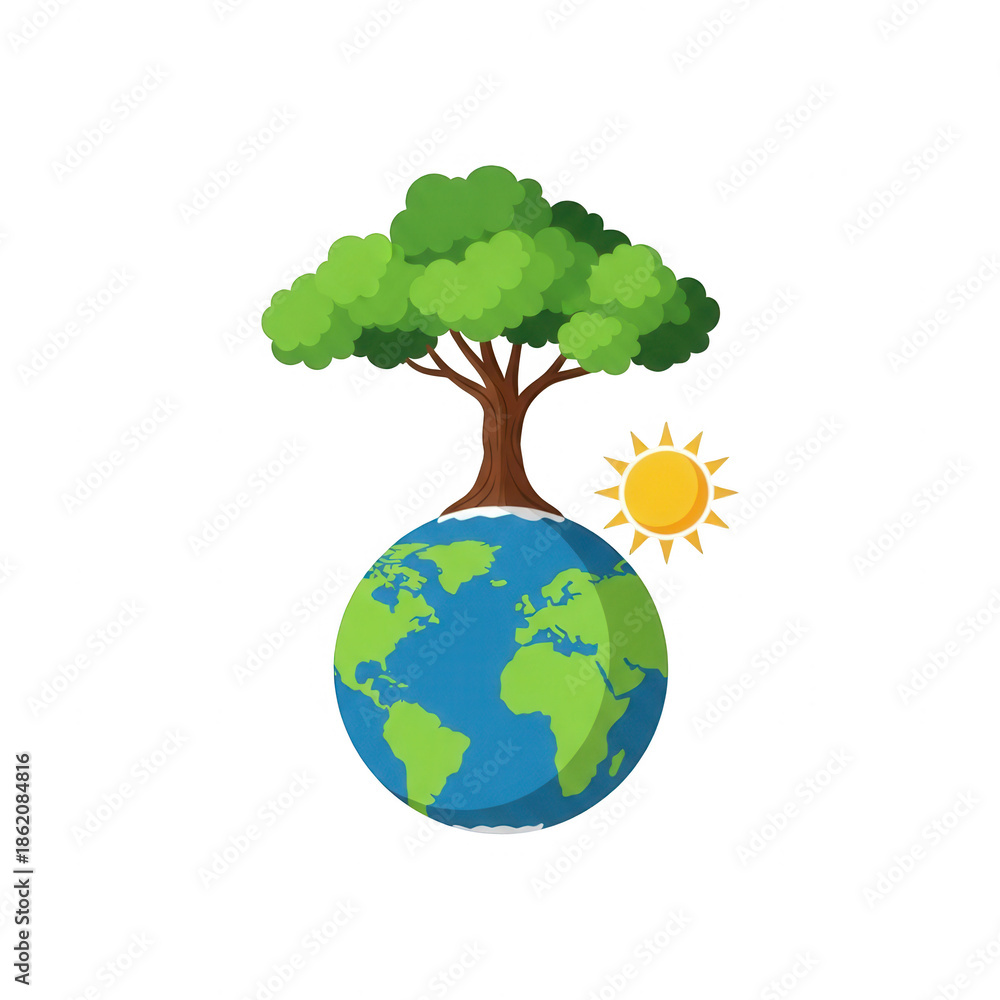 Obraz premium Green Planet Earth with Tree and Sun, Symbolizing Nature, Sustainability, and Eco-Friendly Living