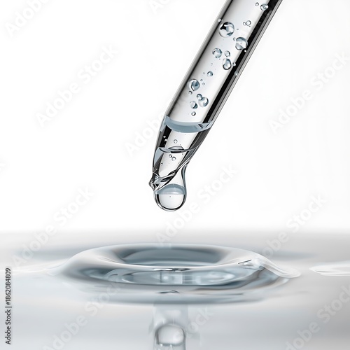 A close-up shot of a clear liquid dropping from a glass pipette into a pool of water, creating ripples.