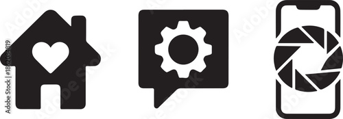 Simple black icons depicting a house settings and camera on a white background