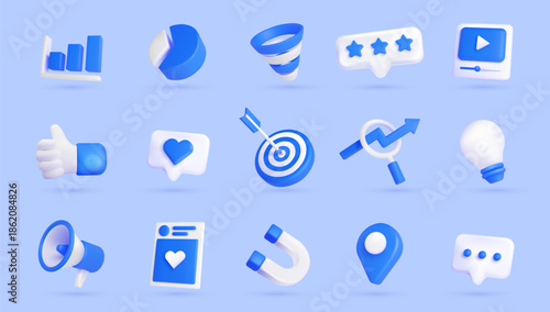 Set of blue 3D social media and digital marketing icons on blue background 4k render