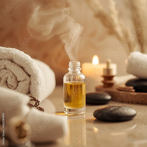 Aromatherapy essential oil diffuser with steaming oil, hot stones, and rolled towels, creating a serene spa atmosphere.