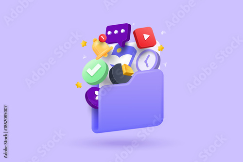 3d Purple folder with floating digital icons for media and social notifications 4k image