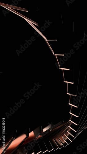 Abstract structure of gold shapes on a black background, vertical orientation, 3d render