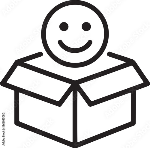 Smiling face emerging from opened package symbolizing customer satisfaction and unboxing joy icon