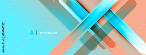 Abstract geometric design. Overlapping lines create dynamic visual effect. Blue, turquoise, peach hues dominate composition. Modern aesthetic.