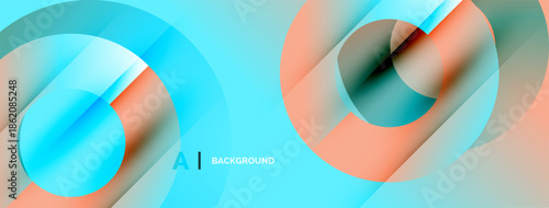 Abstract design features overlapping circles, gradients. Turquoise, peach tones create dynamic visual effect. Modern, clean aesthetic.