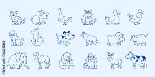 Set of hand drawn poultry farm, pet and wild animals line art sketch vector illustration collection. Isolated on white background.