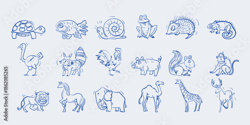 Set of hand drawn poultry farm, pet and wild animals line art sketch vector illustration collection. Isolated on white background.