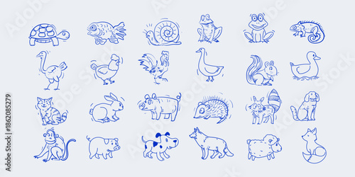 Set of hand drawn poultry farm, pet and wild animals line art sketch vector illustration collection. Isolated on white background.
