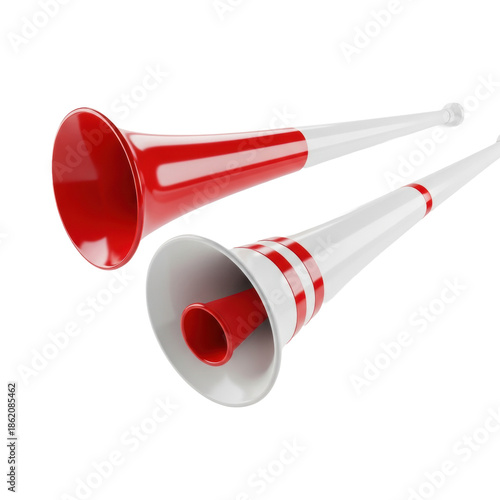 Two glossy, high-quality red and white plastic vuvuzelas, dynamic studio product shot against a transparent background, close-up and sharp focus. Concept of intense sporting celebration