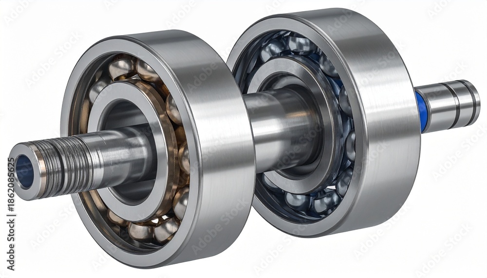 Obraz premium A detailed 3D rendering of a ball screw assembly featuring a threaded shaft and two ball bearings housed in circular casings. The component converts rotational motion into linear motion with precision