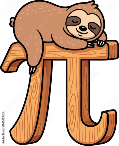 Cute Sloth Holding Pi Symbol Vector Illustration - Math Pun and Science Humor Graphic.