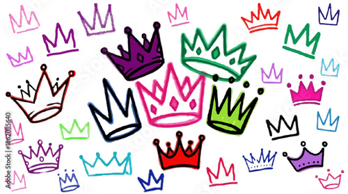 Scattered Hand- Drawn Crowns in Various Colors Keywords: crown, royalty, king, queen, symbol