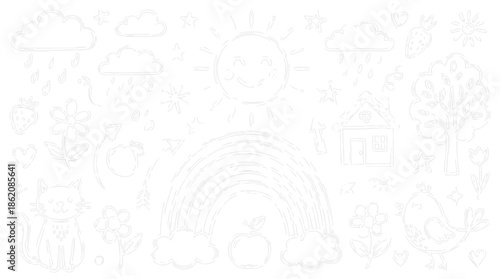 White Line Art Doodle Elements on White Background