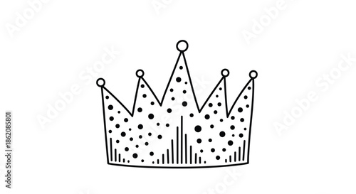 Royal crown line art illustration decorated with various sized black dots and vertical stripes in a simple minimalist style.